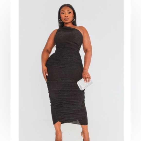 PrettyLittleThing Dresses & Skirts - PLT Glitter Plisse Ruched One Shoulder Midi Dress